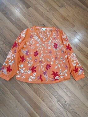 Sundance Azami Tangerine Orange Bright Embroidered Top Large